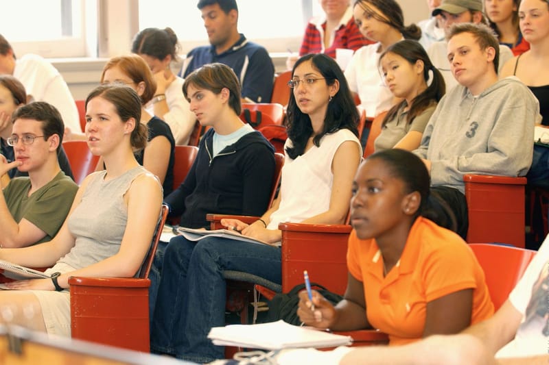 Students take notes and listen in a lecture hall.